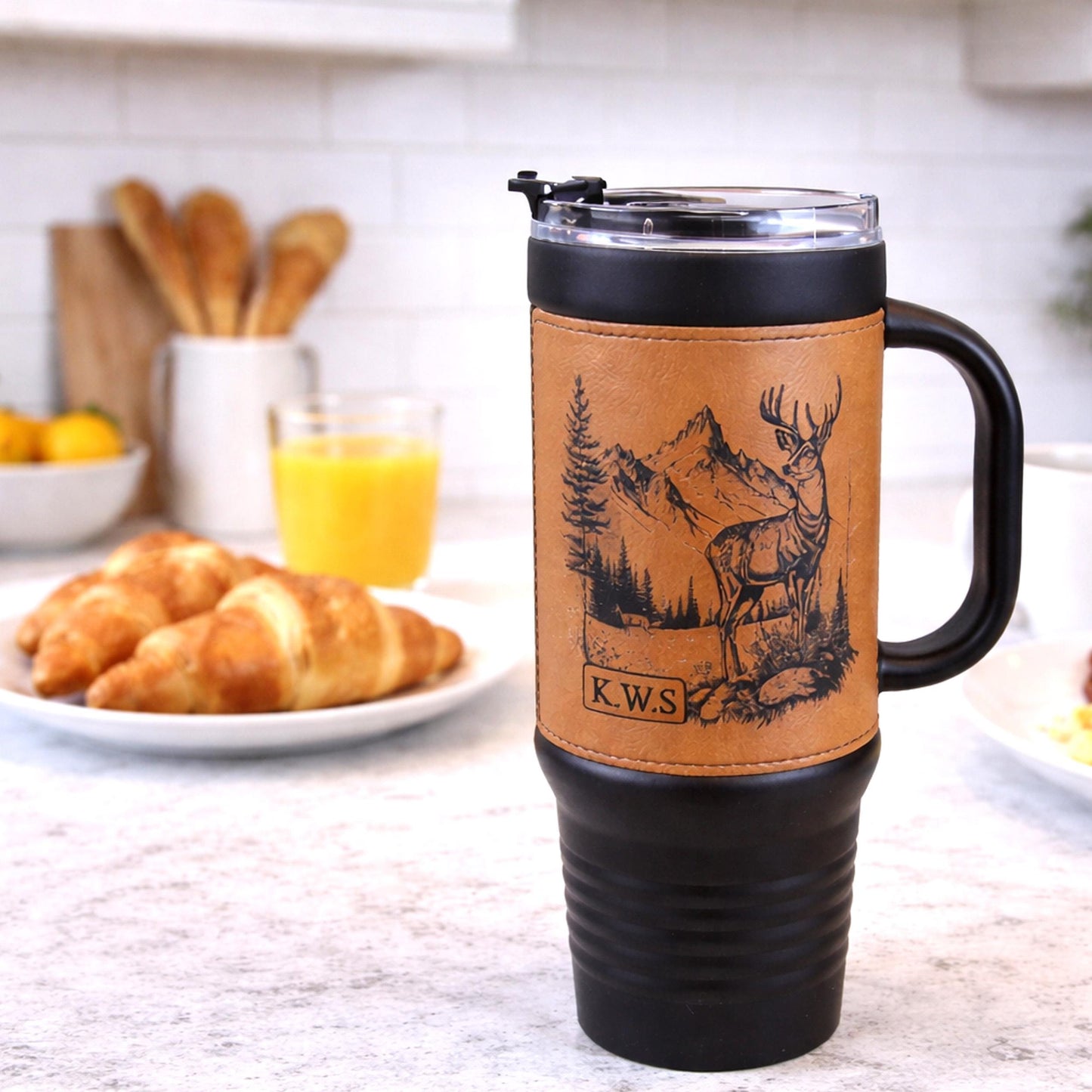 40 Ounce Personalized Hunting Travel Mug, Custom Coffee Tumbler, Leather Wrapped Deer Insulated Cup, Hunter Lover Gift, Perfect For Him