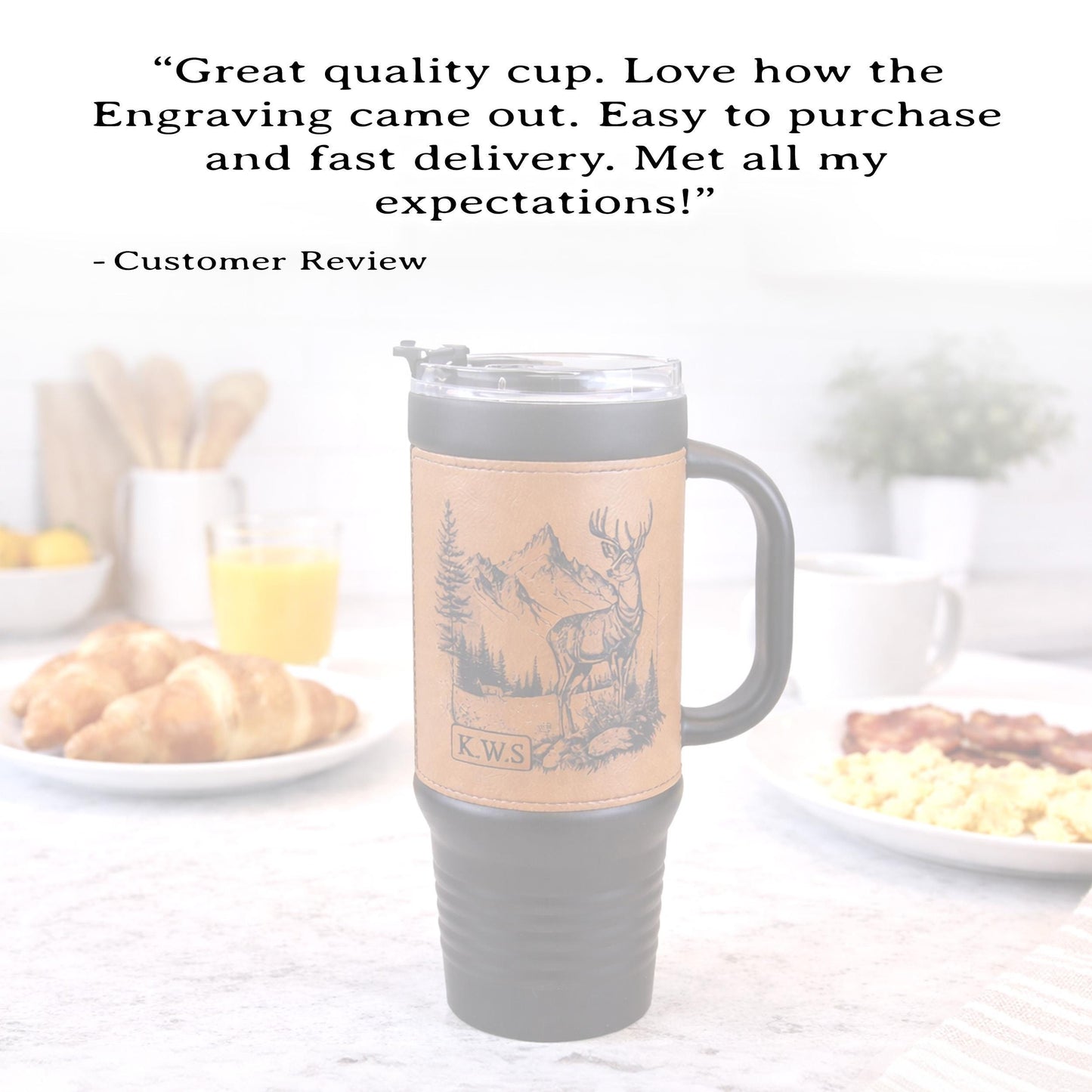 40 Ounce Personalized Hunting Travel Mug, Custom Coffee Tumbler, Leather Wrapped Deer Insulated Cup, Hunter Lover Gift, Perfect For Him