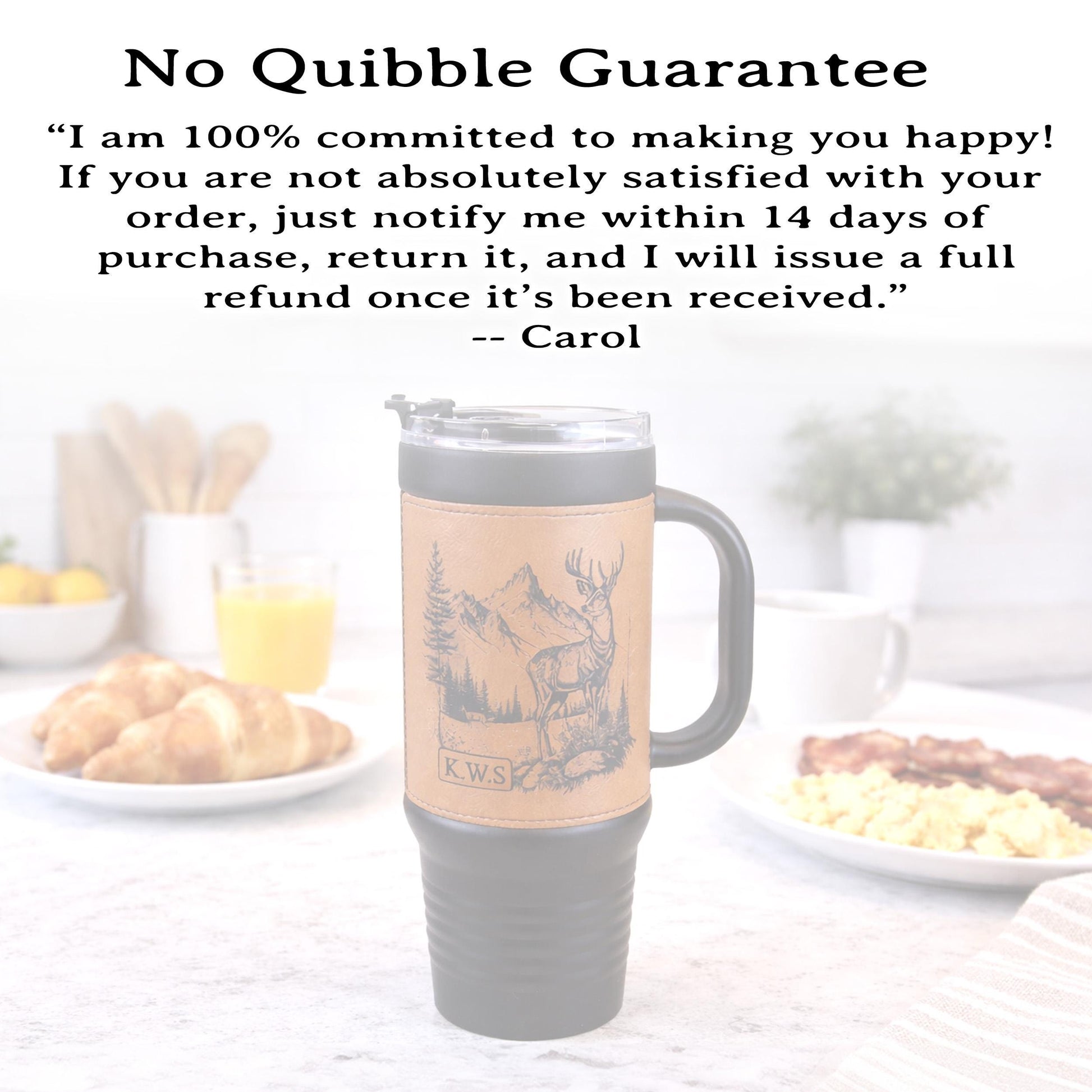 40 Ounce Personalized Hunting Travel Mug, Custom Coffee Tumbler, Leather Wrapped Deer Insulated Cup, Hunter Lover Gift, Perfect For Him