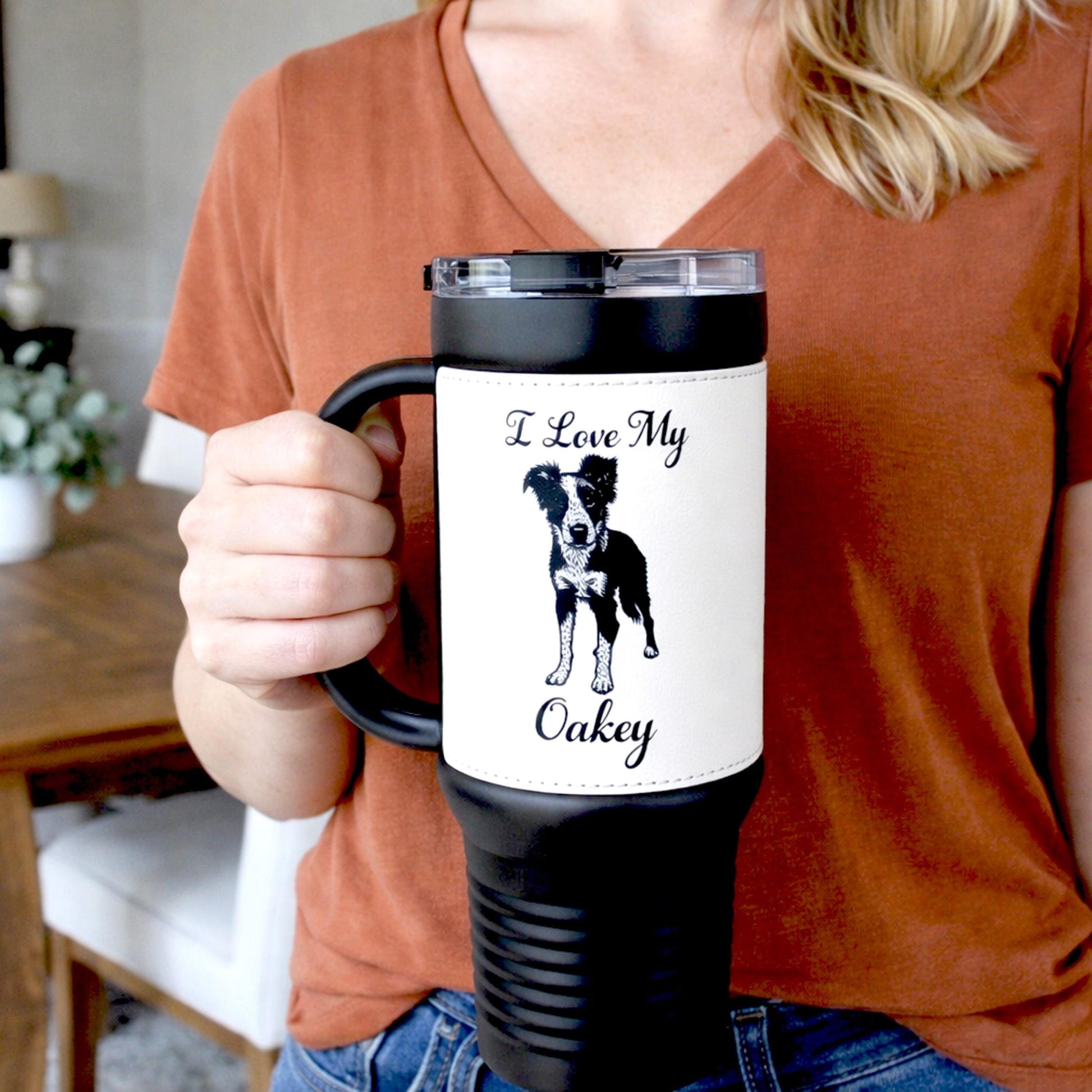 Custom Pet Portrait 40 oz Tumbler – Engraved Leatherette Travel Mug with Handle, Personalized Dog-Cat Gift. Take your best buddy everywhere.