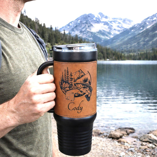 40 Ounce Personalized Fly Fishing Travel Mug, Custom Coffee Tumbler, Leather Wrapped Bass And Trout Insulated Cup, Perfect Gift For Him