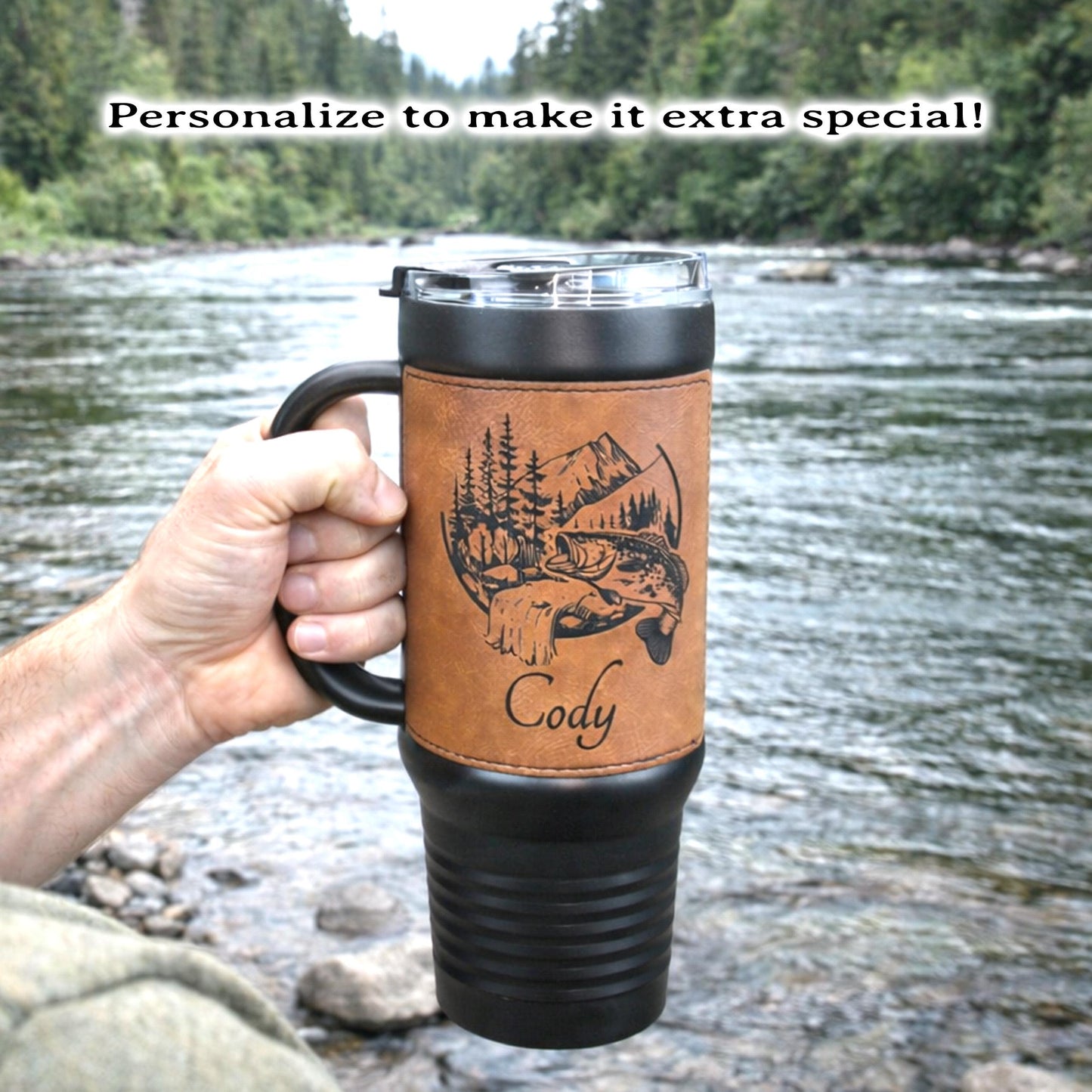 40 Ounce Personalized Fly Fishing Travel Mug, Custom Coffee Tumbler, Leather Wrapped Bass And Trout Insulated Cup, Perfect Gift For Him
