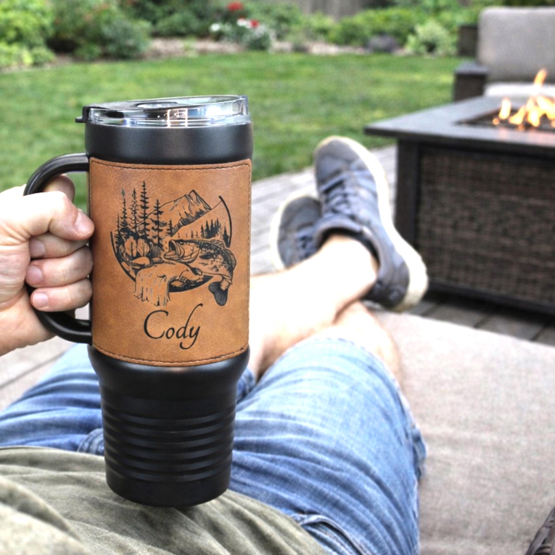 40 Ounce Personalized Fly Fishing Travel Mug, Custom Coffee Tumbler, Leather Wrapped Bass And Trout Insulated Cup, Perfect Gift For Him