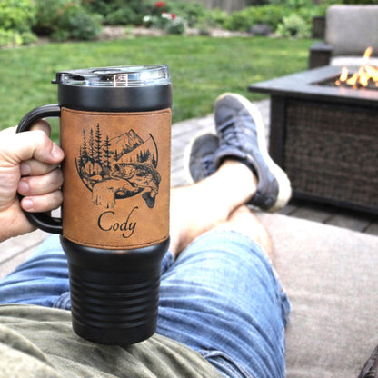40 Ounce Personalized Fly Fishing Travel Mug, Custom Coffee Tumbler, Leather Wrapped Bass And Trout Insulated Cup, Perfect Gift For Him