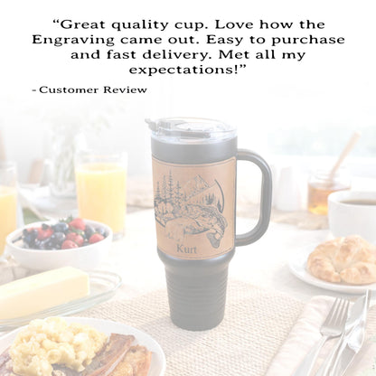 40 Ounce Personalized Fly Fishing Travel Mug, Custom Coffee Tumbler, Leather Wrapped Bass And Trout Insulated Cup, Perfect Gift For Him