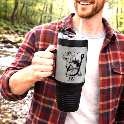 40 Ounce Personalized Fishing And Hunting Travel Mug, Custom Coffee Stainless Tumbler, Leather Wrapped Insulated Cup, Perfect Gift For Him
