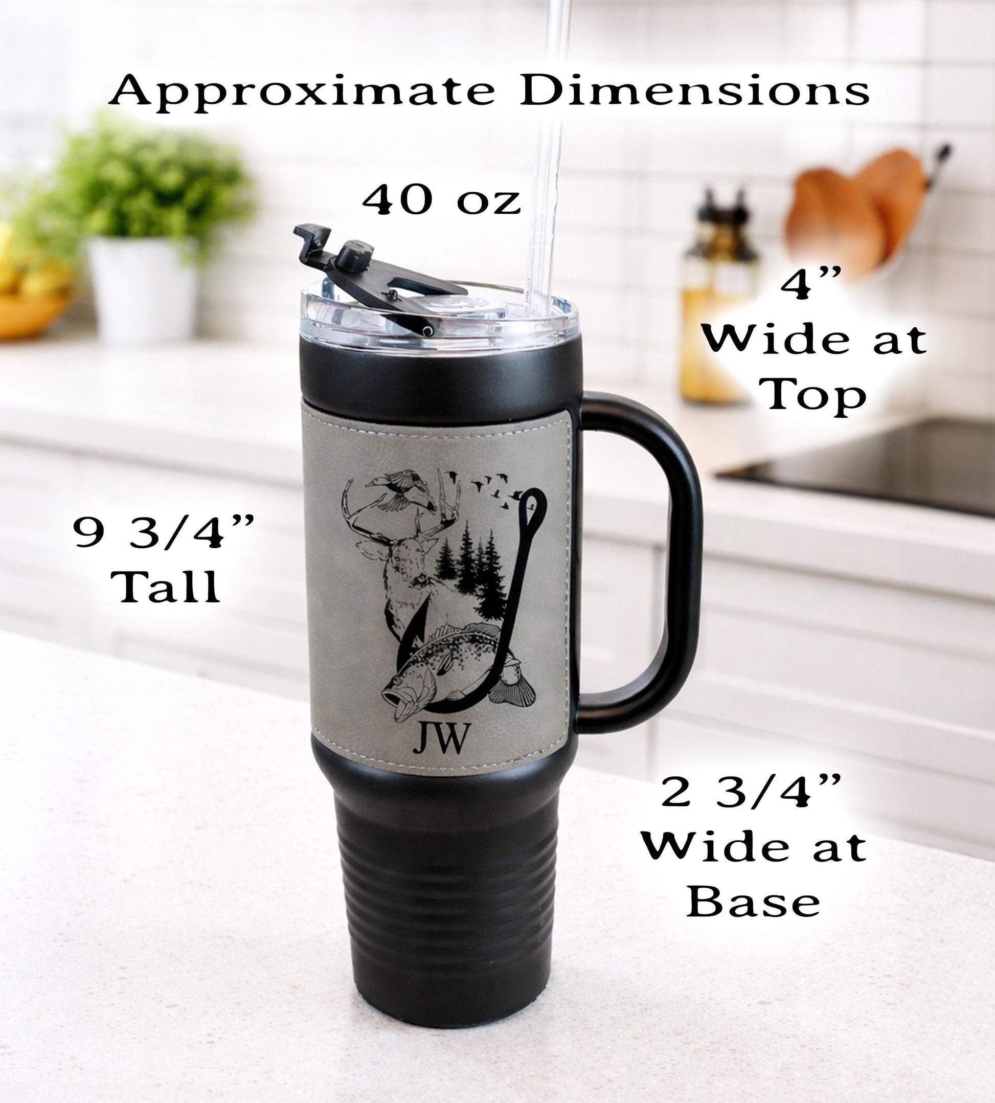 40 Ounce Personalized Fishing And Hunting Travel Mug, Custom Coffee Stainless Tumbler, Leather Wrapped Insulated Cup, Perfect Gift For Him