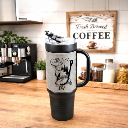40 Ounce Personalized Fishing And Hunting Travel Mug, Custom Coffee Stainless Tumbler, Leather Wrapped Insulated Cup, Perfect Gift For Him
