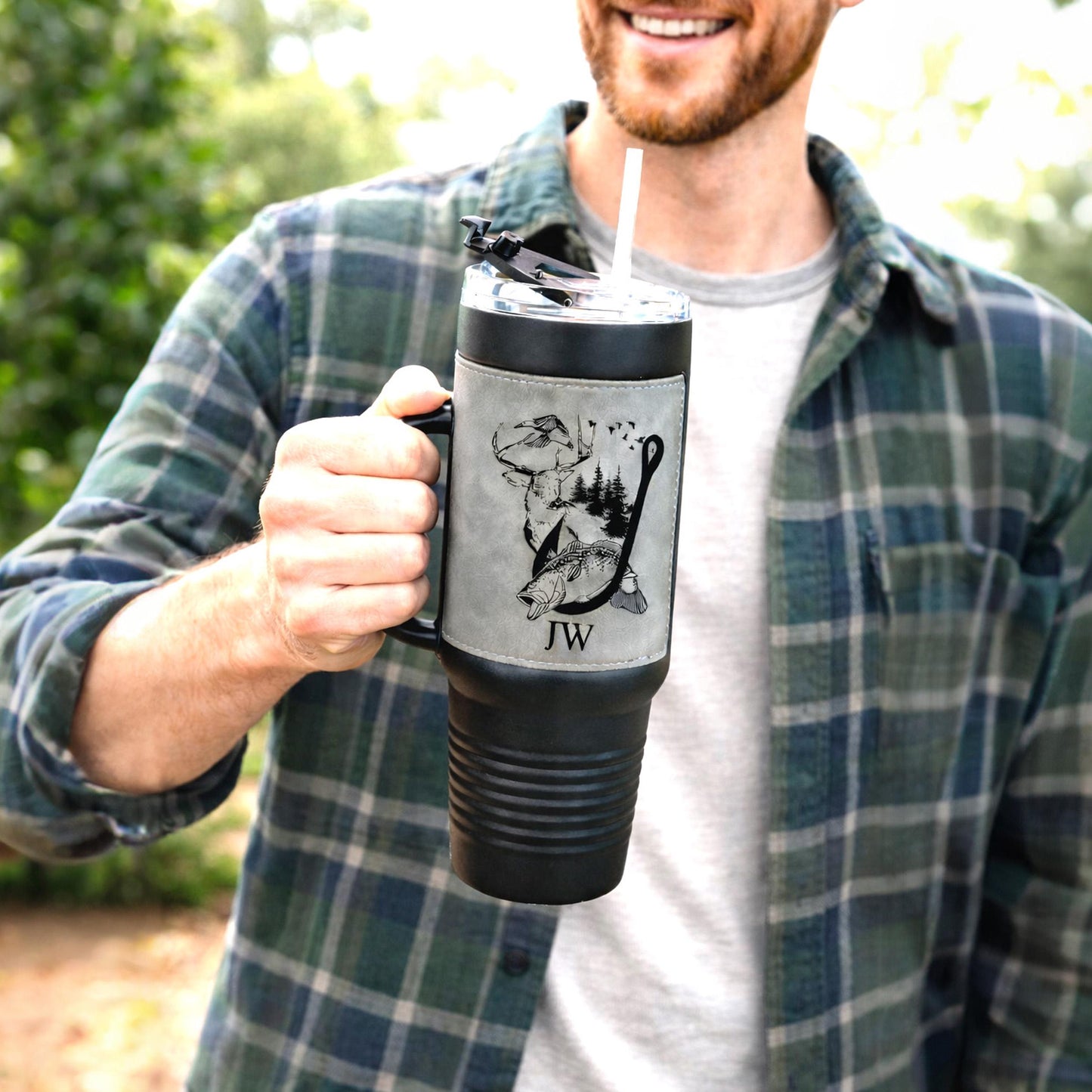 40 Ounce Personalized Fishing And Hunting Travel Mug, Custom Coffee Stainless Tumbler, Leather Wrapped Insulated Cup, Perfect Gift For Him