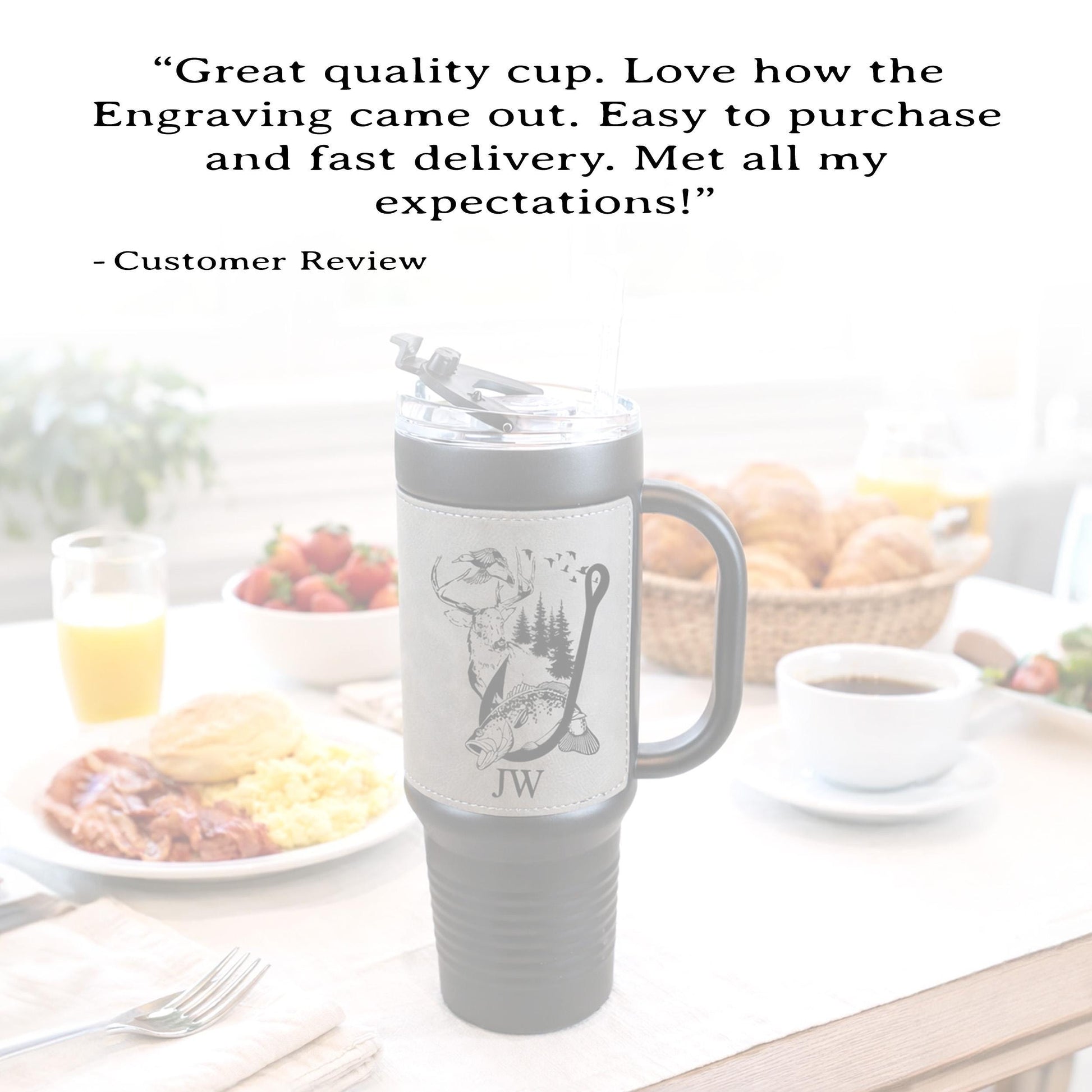 40 Ounce Personalized Fishing And Hunting Travel Mug, Custom Coffee Stainless Tumbler, Leather Wrapped Insulated Cup, Perfect Gift For Him