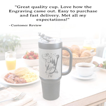 40 Ounce Personalized Fishing And Hunting Travel Mug, Custom Coffee Stainless Tumbler, Leather Wrapped Insulated Cup, Perfect Gift For Him