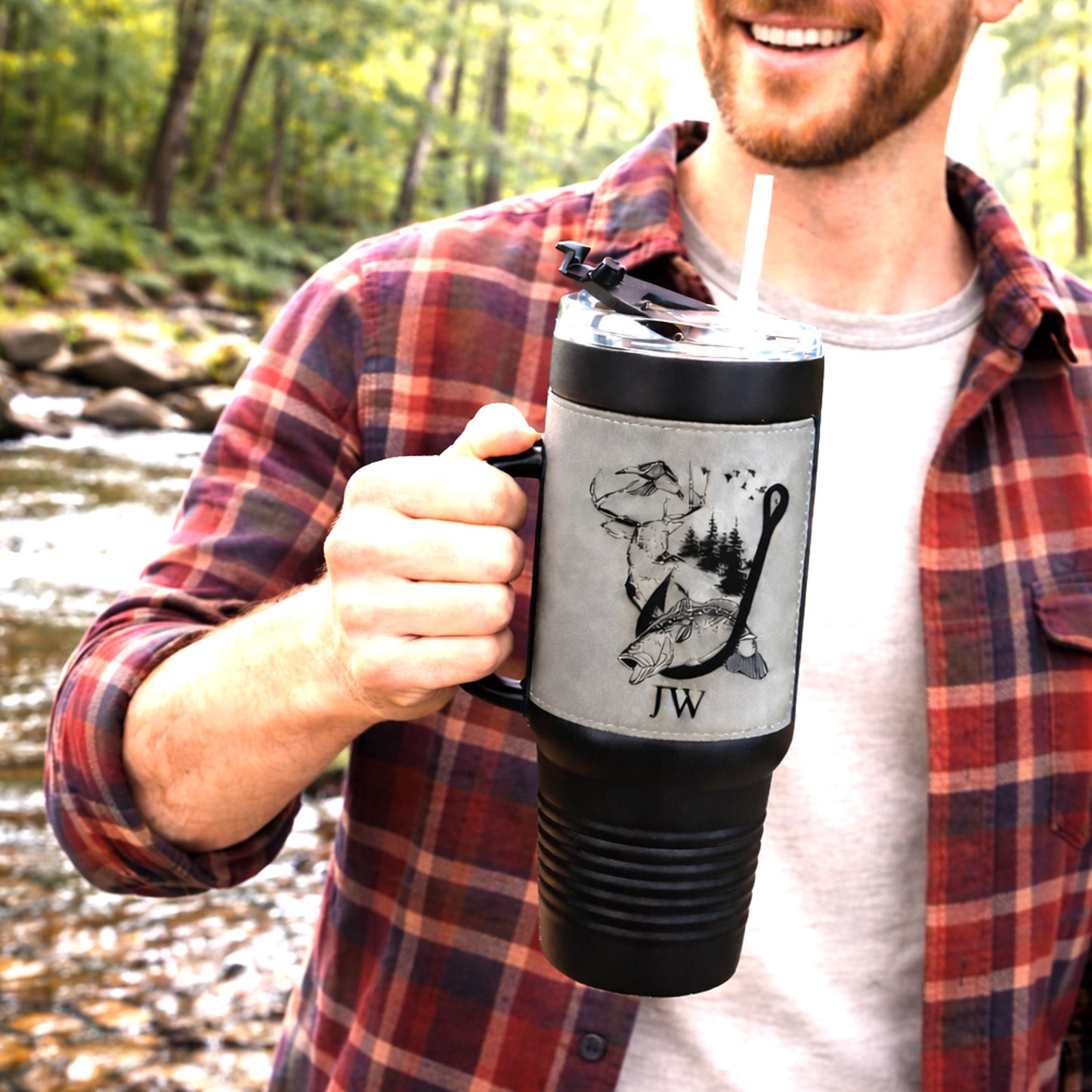 40 Ounce Personalized Fishing And Hunting Travel Mug, Custom Coffee Stainless Tumbler, Leather Wrapped Insulated Cup, Perfect Gift For Him