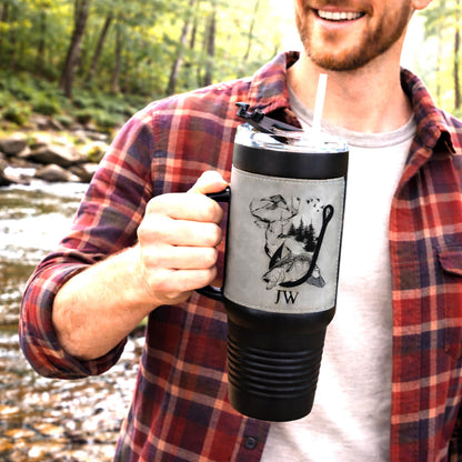 40 Ounce Personalized Fishing And Hunting Travel Mug, Custom Coffee Stainless Tumbler, Leather Wrapped Insulated Cup, Perfect Gift For Him