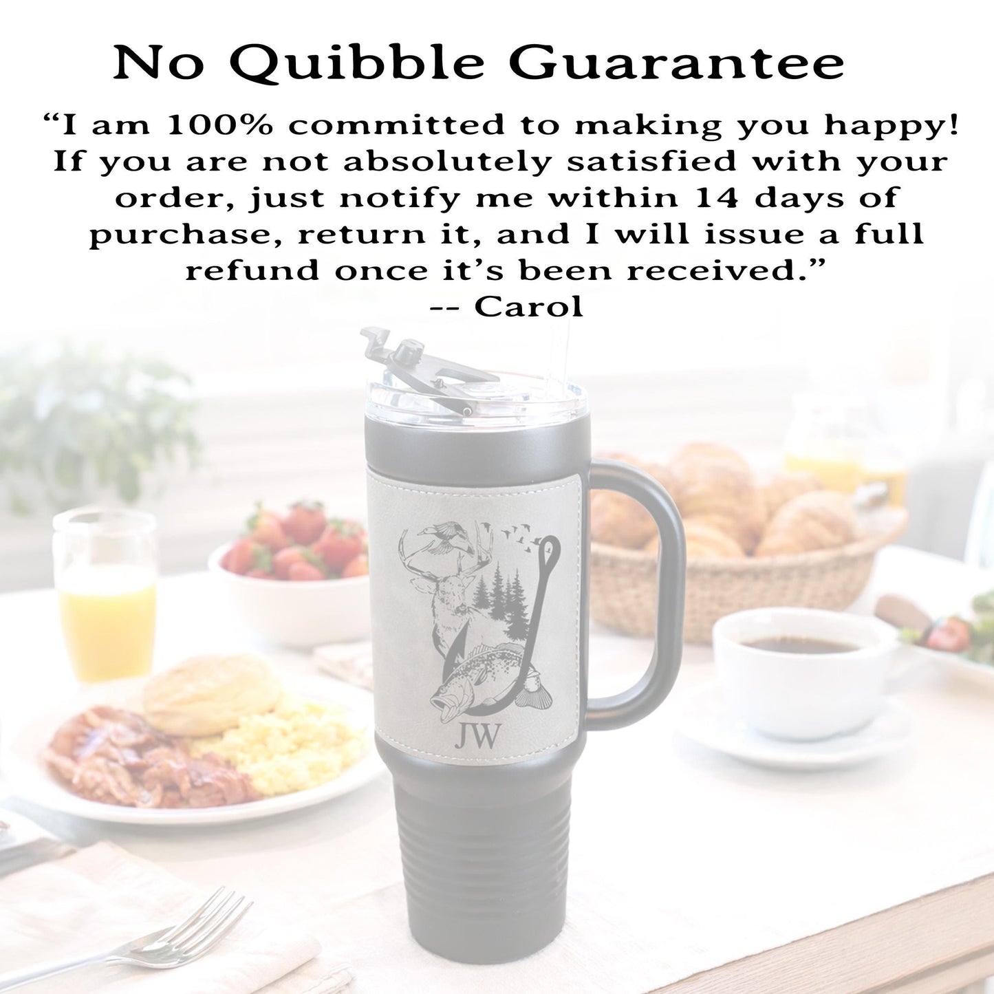 40 Ounce Personalized Fishing And Hunting Travel Mug, Custom Coffee Stainless Tumbler, Leather Wrapped Insulated Cup, Perfect Gift For Him
