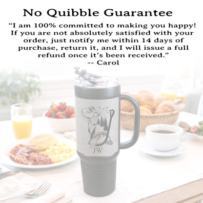 40 Ounce Personalized Fishing And Hunting Travel Mug, Custom Coffee Stainless Tumbler, Leather Wrapped Insulated Cup, Perfect Gift For Him