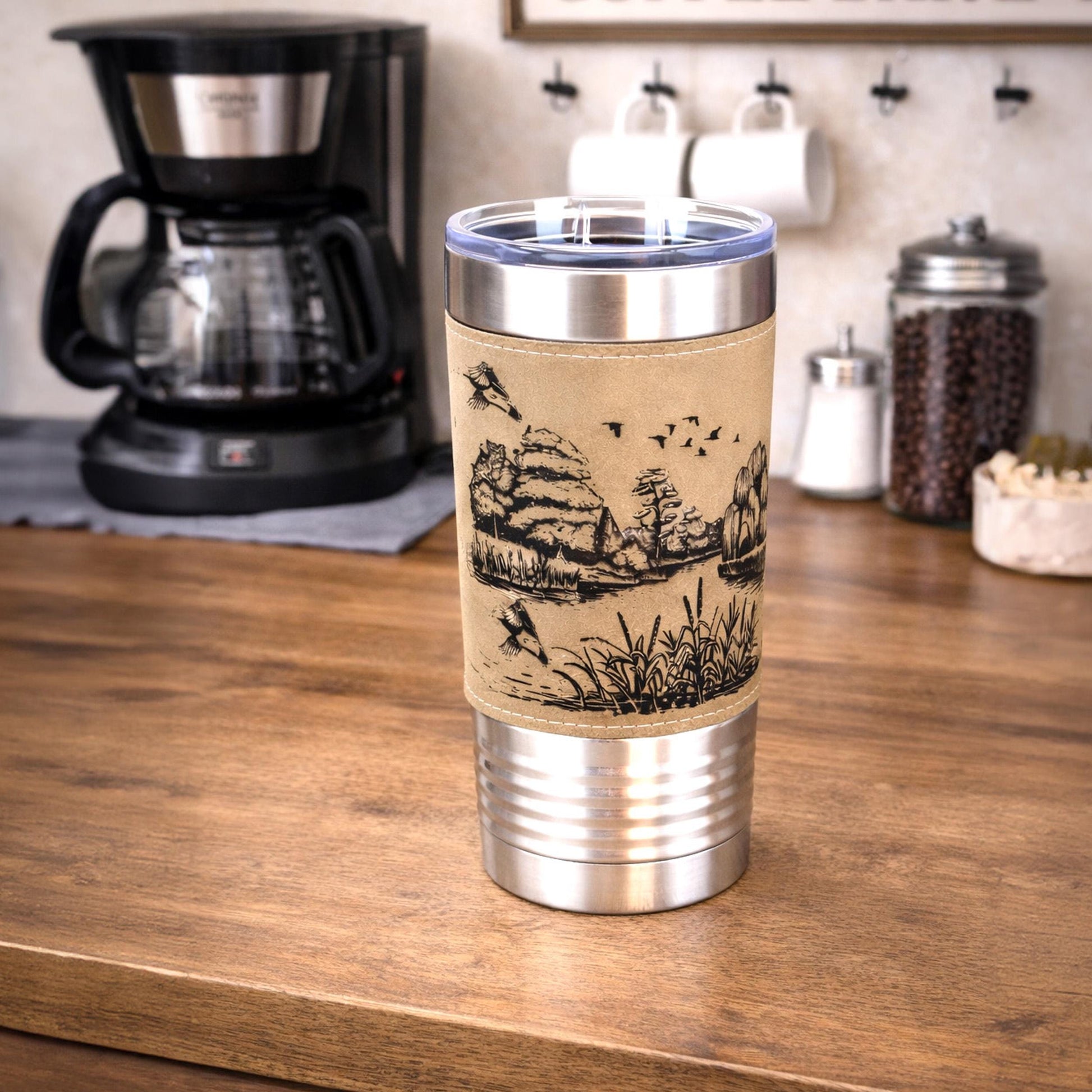 Duck Pond Engraved Travel Tumbler – Personalized Leatherette Wrap, Perfect Gift for Hunters or Duck Lovers
