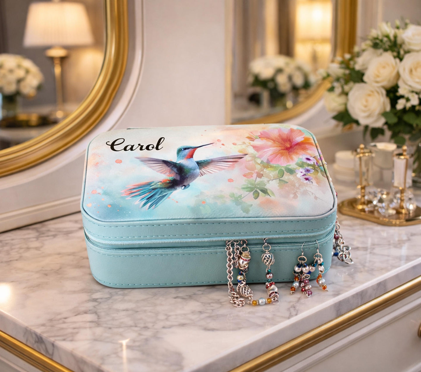 Personalize Leather Jewelry Travel Case, Custom Jewelry Organizer, Large Faux Leather Jewelry Travel Case, Hummingbird Travel Jewelry Box