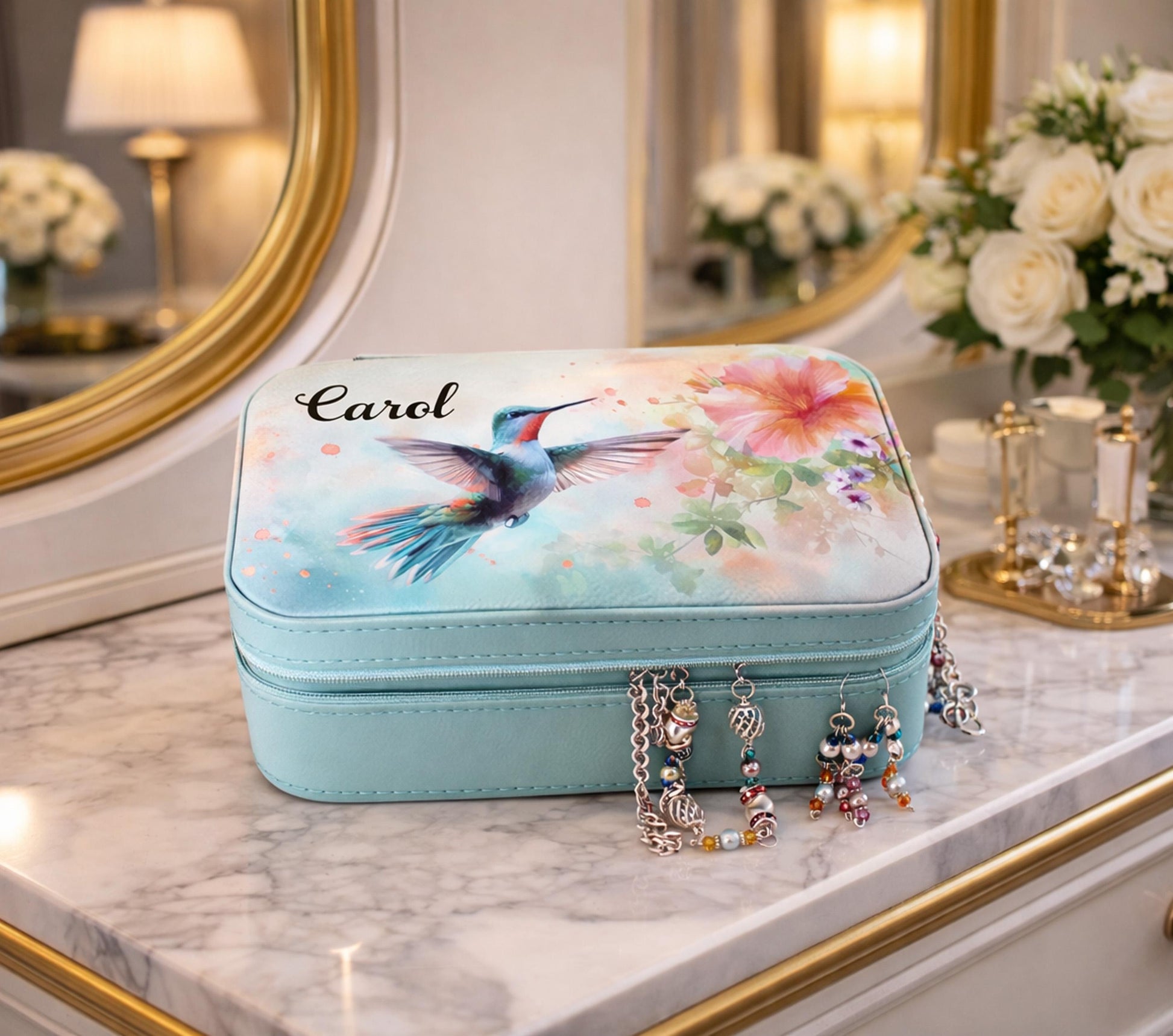 Personalize Leather Jewelry Travel Case, Custom Jewelry Organizer, Large Faux Leather Jewelry Travel Case, Hummingbird Travel Jewelry Box