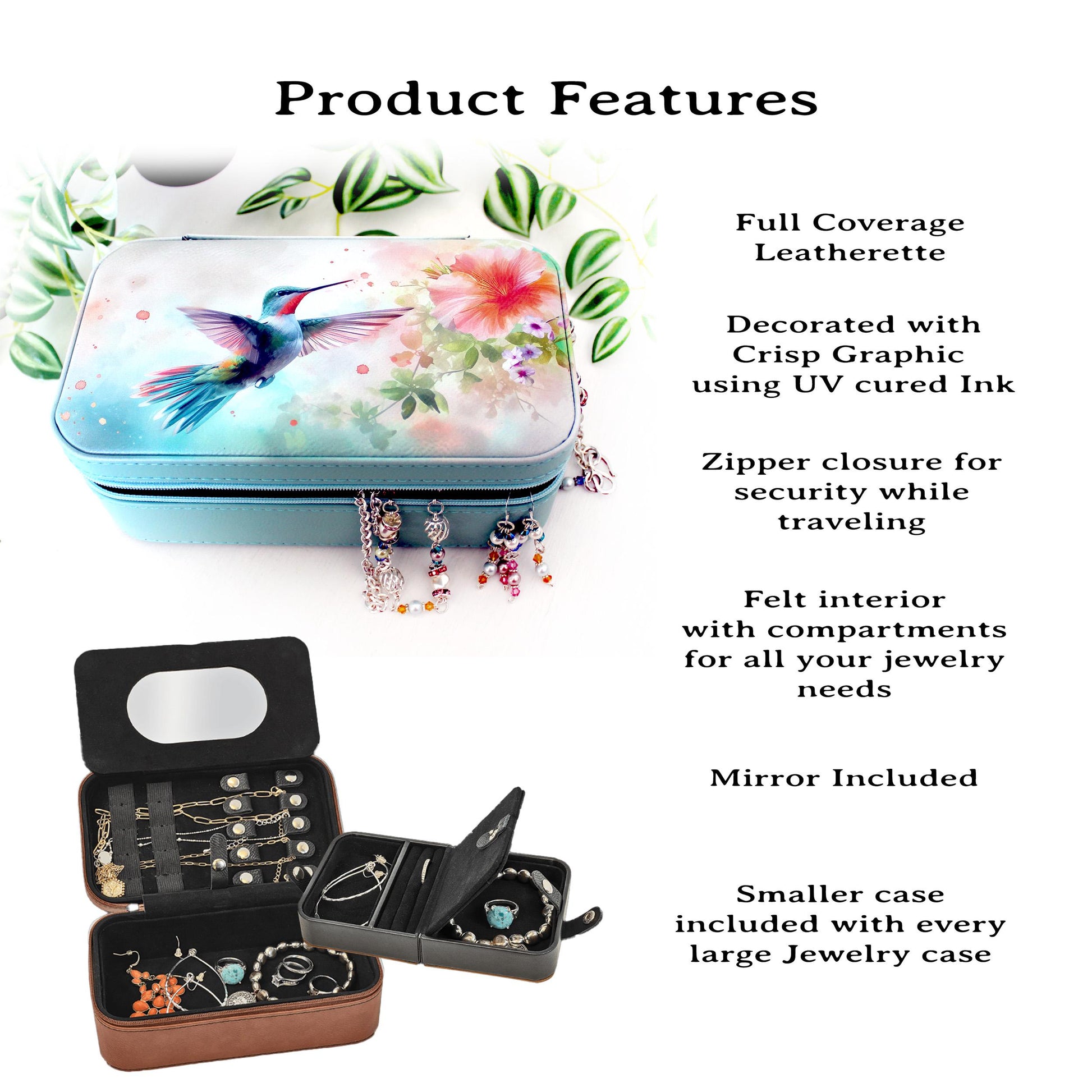 Personalize Leather Jewelry Travel Case, Custom Jewelry Organizer, Large Faux Leather Jewelry Travel Case, Hummingbird Travel Jewelry Box