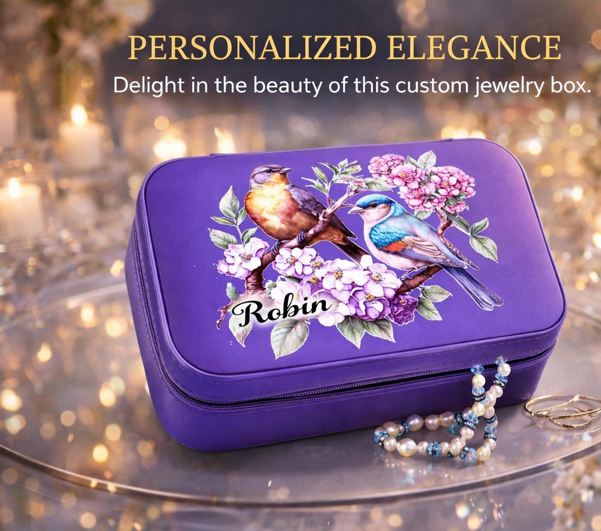 Spring Birds and Flowers Travel Jewelry Case – Floral Faux Leather Zip Organizer with Mirror, Personalized Name