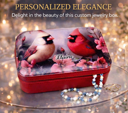Pair of Cardinals Travel Jewelry Case – Faux Leather Zip Organizer with Mirror, Personalized Name