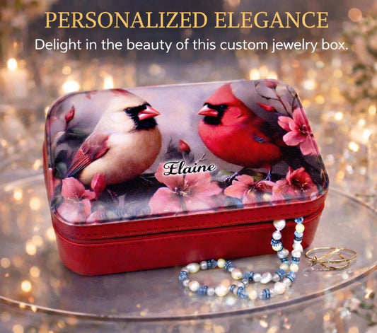 Pair of Cardinals Travel Jewelry Case – Faux Leather Zip Organizer with Mirror, Personalized Name