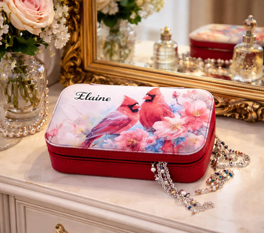 Personalize Leather Jewelry Travel Case, Custom Jewelry Organizer, Large Faux Leather Jewelry Travel Case, Large Cardinal Travel Jewelry Box