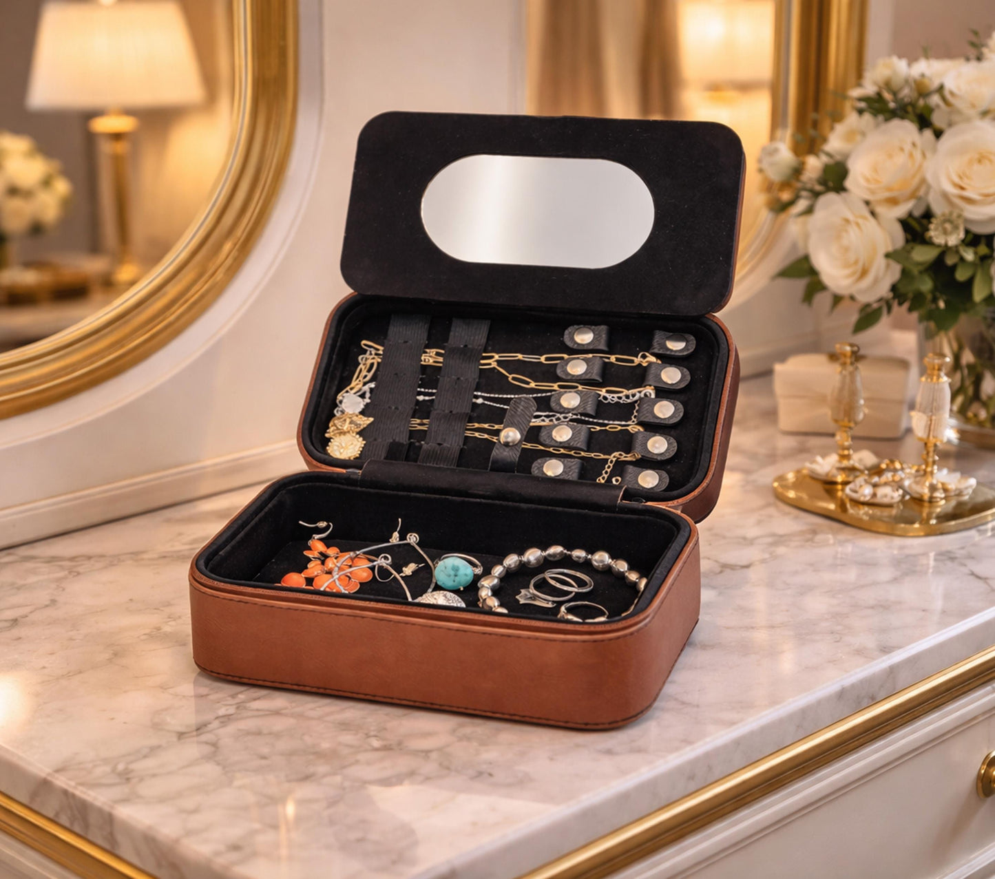 Large Travel Jewelry Case – Dragonfly Print, Faux Leather, Personalized Zip Organizer with Mirror