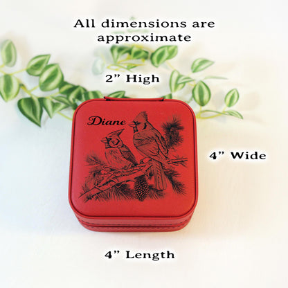 Engraved Cardinals Travel Jewelry Case, Custom Bridesmaid Wedding Gift, Perfect Birthday or Mother's Day Gift or Favors, Leatherette