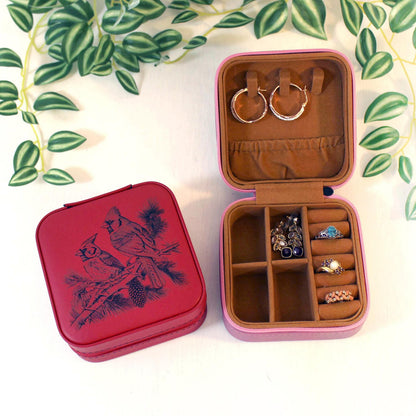Engraved Cardinals Travel Jewelry Case, Custom Bridesmaid Wedding Gift, Perfect Birthday or Mother's Day Gift or Favors, Leatherette