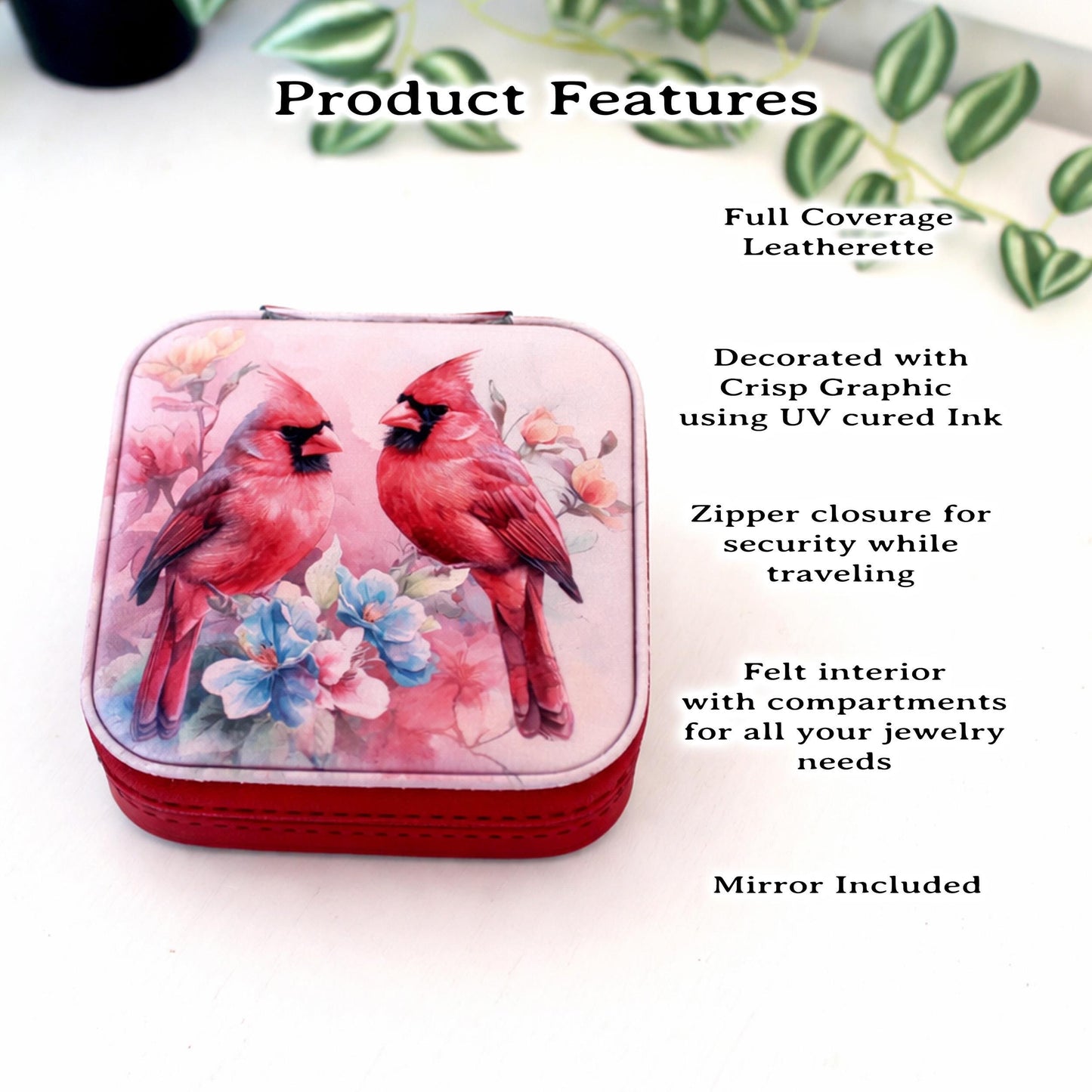 Cardinal Leatherette Jewelry Box, Travel Jewelry Case, Custom Bridesmaid Wedding Gift, Pink Jewelry Case, Perfect Birthday or Mother's Day