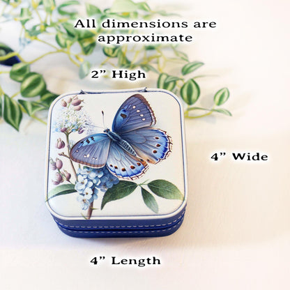 Travel Jewelry Case, Small Jewelry Box, Blue Butterfly, Bridesmaid Jewelry Box, Perfect Birthday or Mother's Day Gift, Leatherette