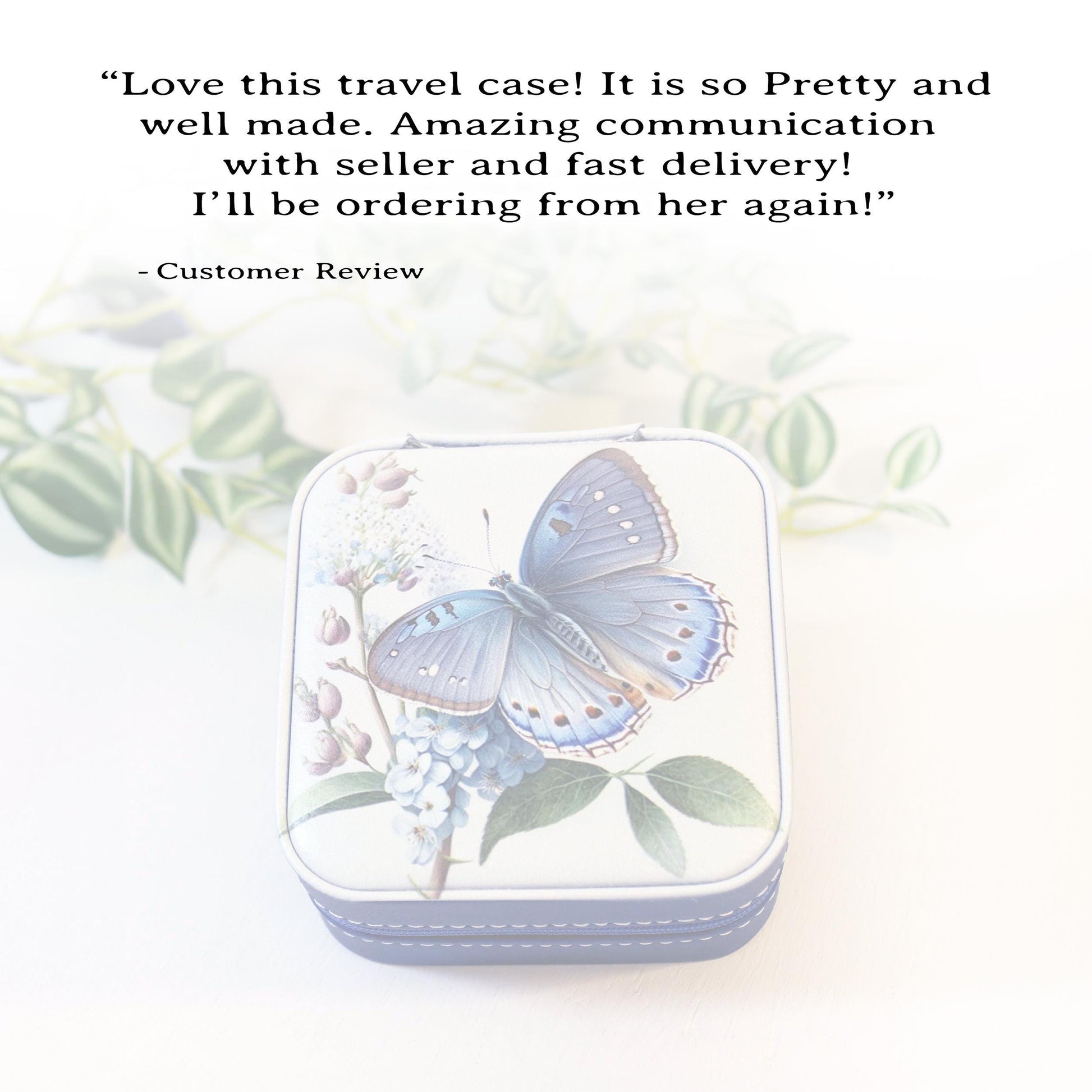 Travel Jewelry Case, Small Jewelry Box, Blue Butterfly, Bridesmaid Jewelry Box, Perfect Birthday or Mother's Day Gift, Leatherette