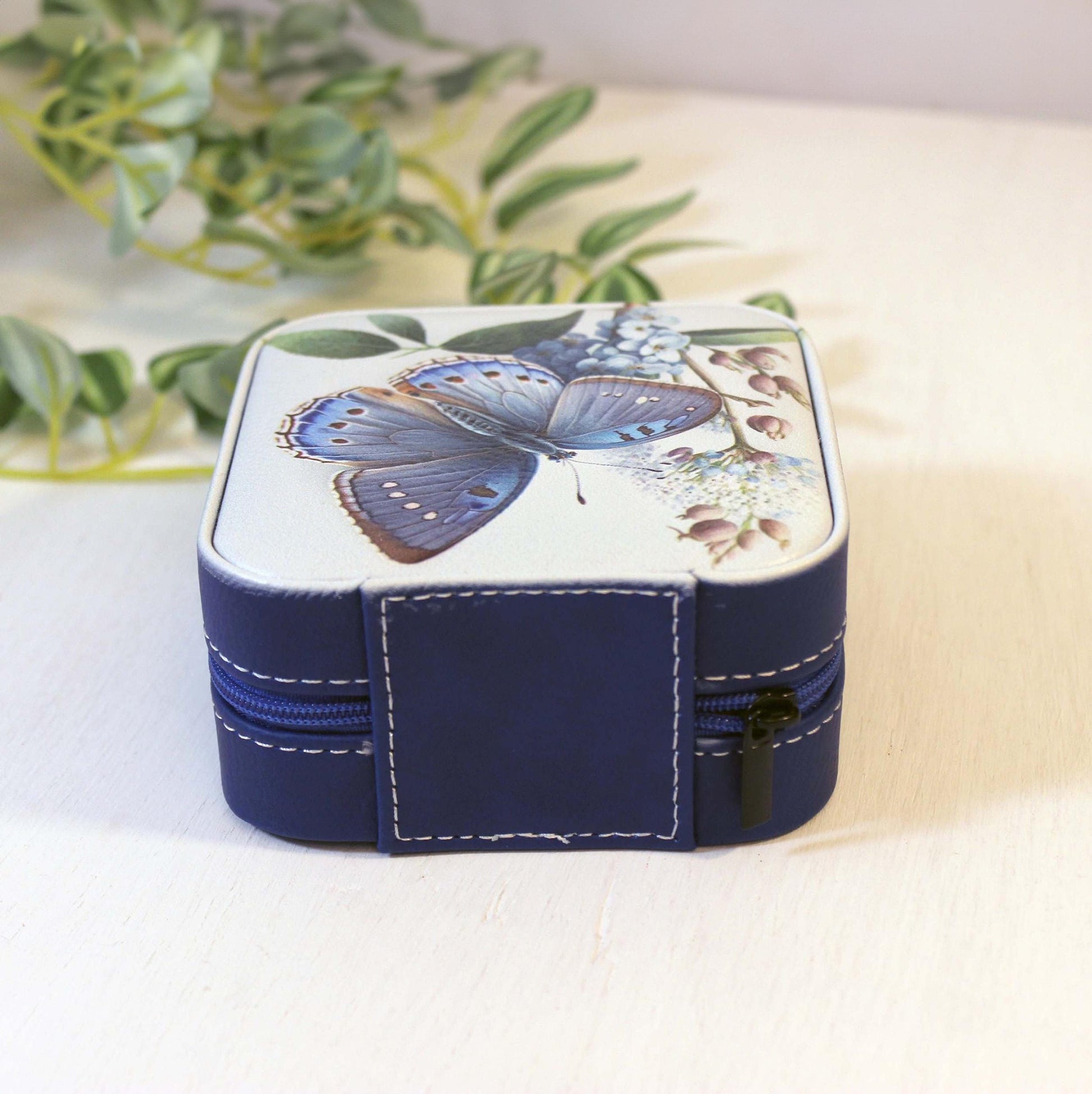 Travel Jewelry Case, Small Jewelry Box, Blue Butterfly, Bridesmaid Jewelry Box, Perfect Birthday or Mother's Day Gift, Leatherette