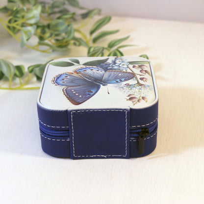 Travel Jewelry Case, Small Jewelry Box, Blue Butterfly, Bridesmaid Jewelry Box, Perfect Birthday or Mother's Day Gift, Leatherette