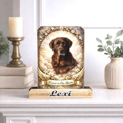Custom Pet Memorial Photo Shelf Sitter – Personalized Name Base, Dog/Cat Mantel Decor Using Your Favorite Photo