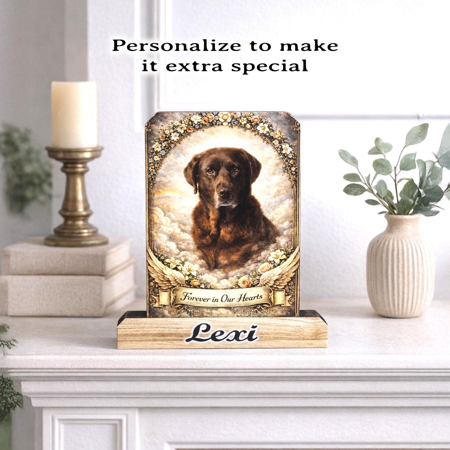 Custom Pet Memorial Photo Shelf Sitter – Personalized Name Base, Dog/Cat Mantel Decor Using Your Favorite Photo