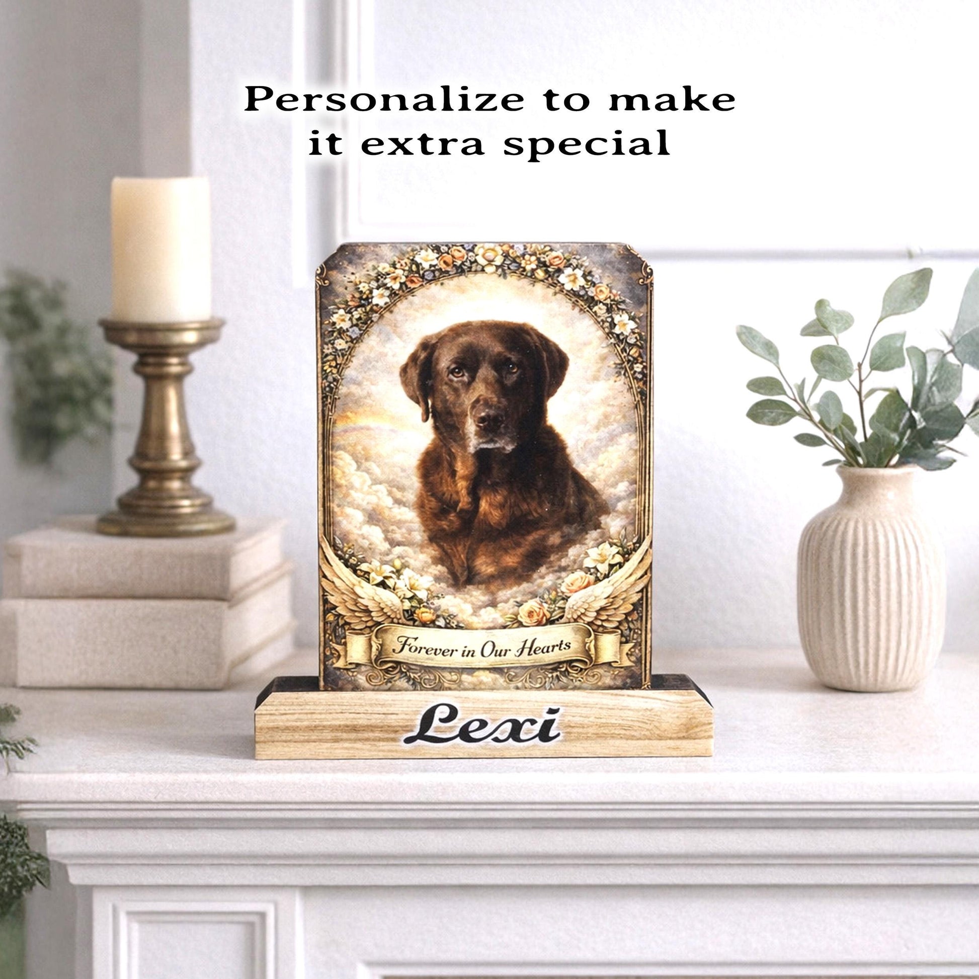 Custom Pet Memorial Photo Shelf Sitter – Personalized Name Base, Dog/Cat Mantel Decor Using Your Favorite Photo
