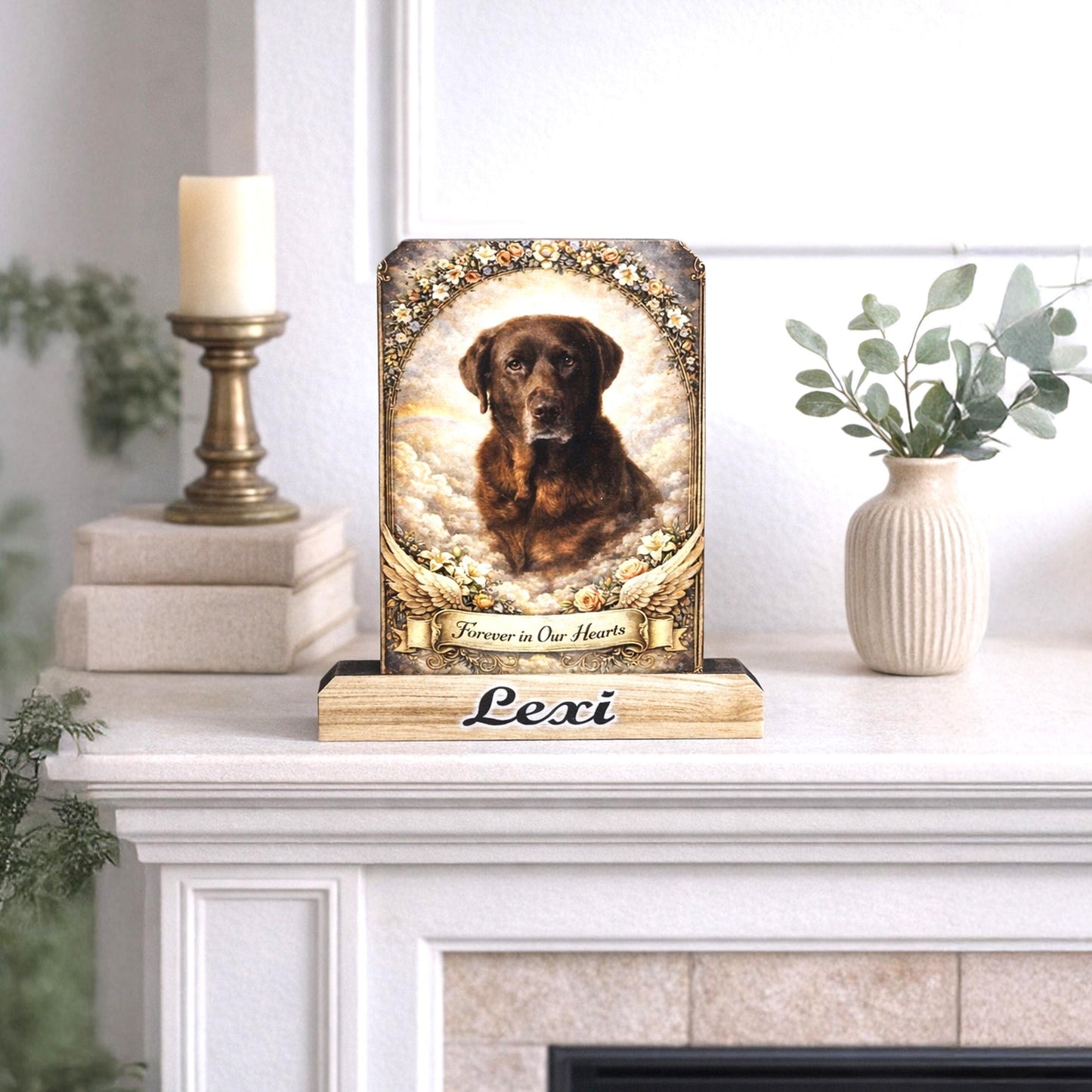 Custom Pet Memorial Photo Shelf Sitter – Personalized Name Base, Dog/Cat Mantel Decor Using Your Favorite Photo