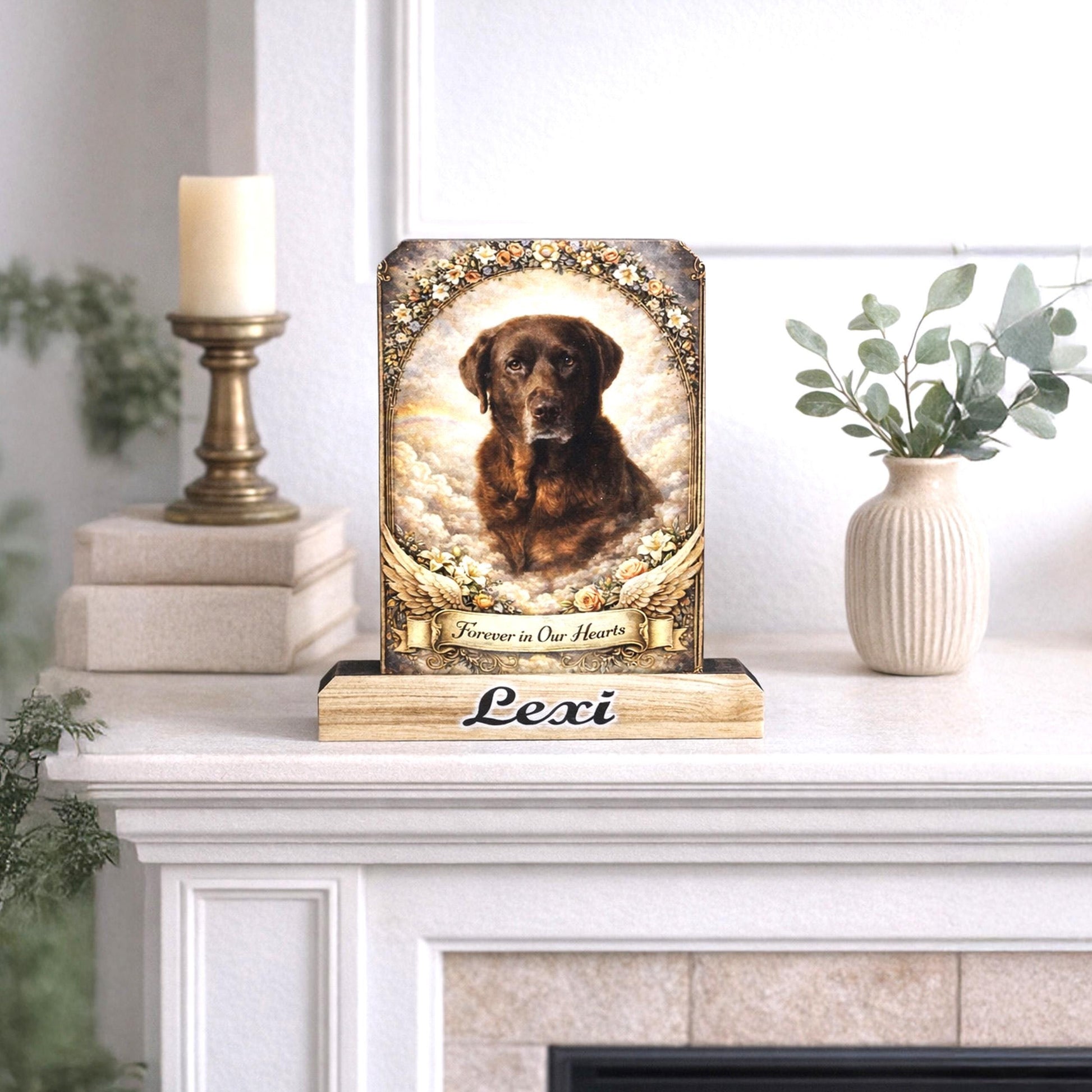 Custom Pet Memorial Photo Shelf Sitter – Personalized Name Base, Dog/Cat Mantel Decor Using Your Favorite Photo