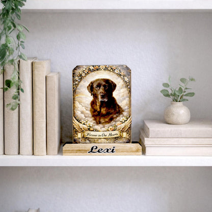 Custom Pet Memorial Photo Shelf Sitter – Personalized Name Base, Dog/Cat Mantel Decor Using Your Favorite Photo