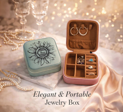 Engraved Jewelry Box, Sunflower Travel Jewelry Case, Custom Bridesmaid Gift, Perfect Birthday or Mother's Day Gift or Favors, Leatherette