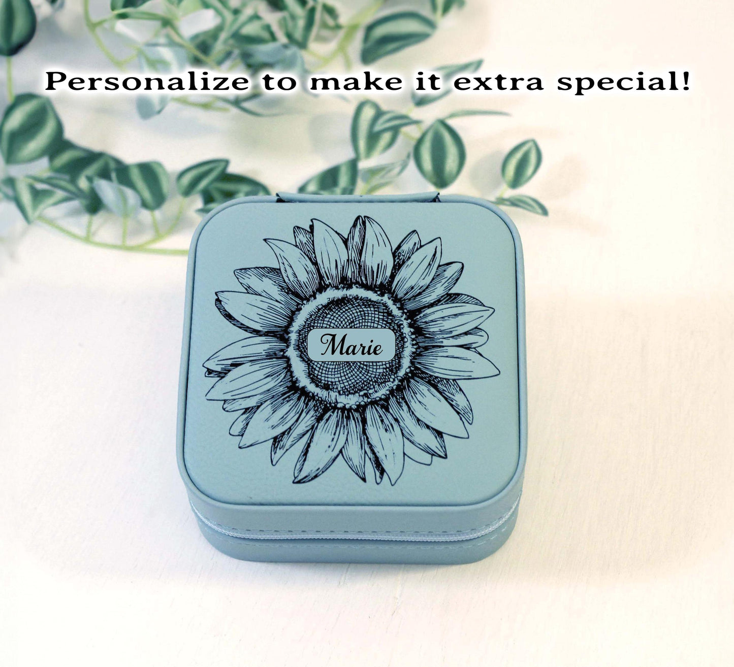 Engraved Jewelry Box, Sunflower Travel Jewelry Case, Custom Bridesmaid Gift, Perfect Birthday or Mother's Day Gift or Favors, Leatherette