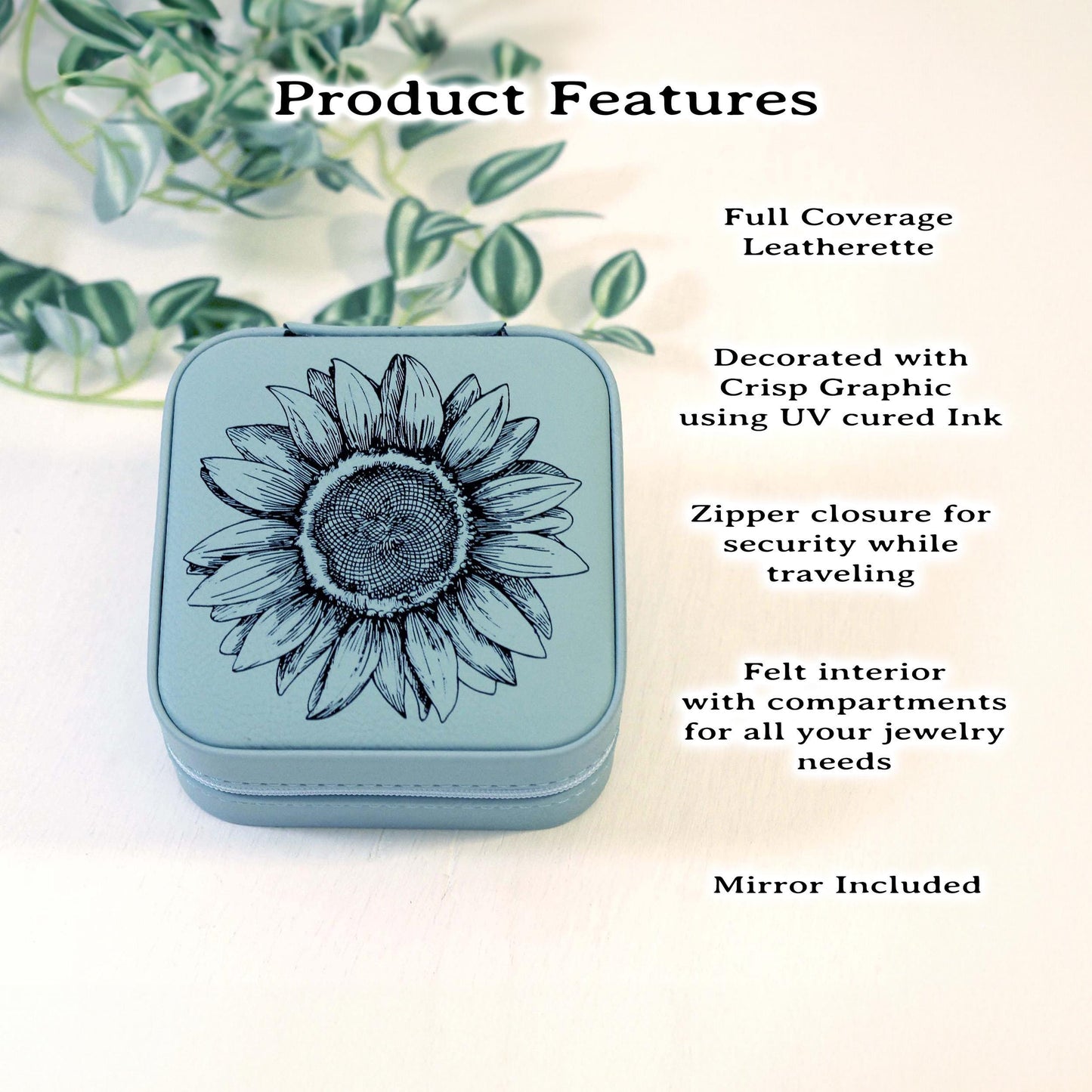 Engraved Jewelry Box, Sunflower Travel Jewelry Case, Custom Bridesmaid Gift, Perfect Birthday or Mother's Day Gift or Favors, Leatherette