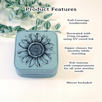 Engraved Jewelry Box, Sunflower Travel Jewelry Case, Custom Bridesmaid Gift, Perfect Birthday or Mother's Day Gift or Favors, Leatherette