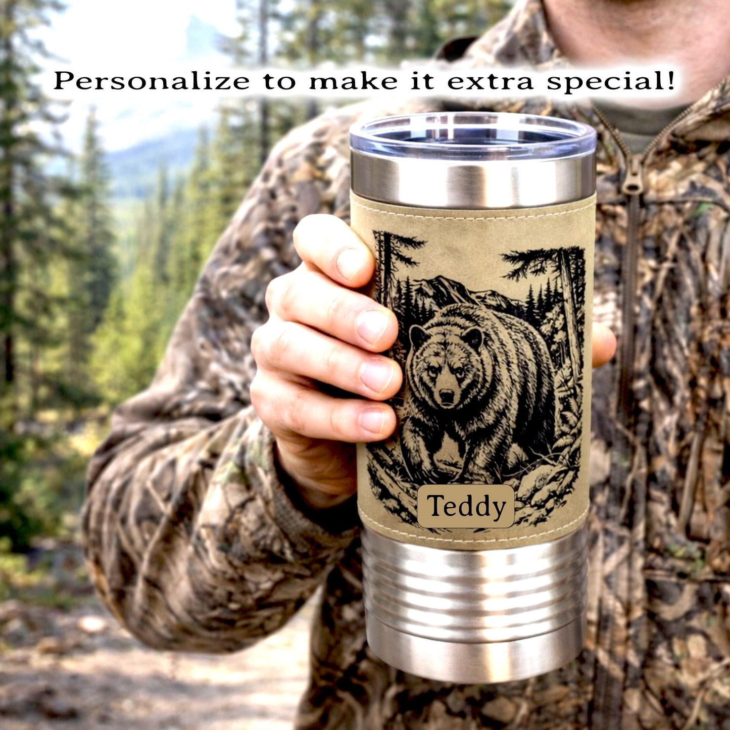 20 ounce Black Bear in Forest Engraved Travel Tumbler – Leatherette Wrapped, Personalized Hunters Gift, Insulated Coffee Cup