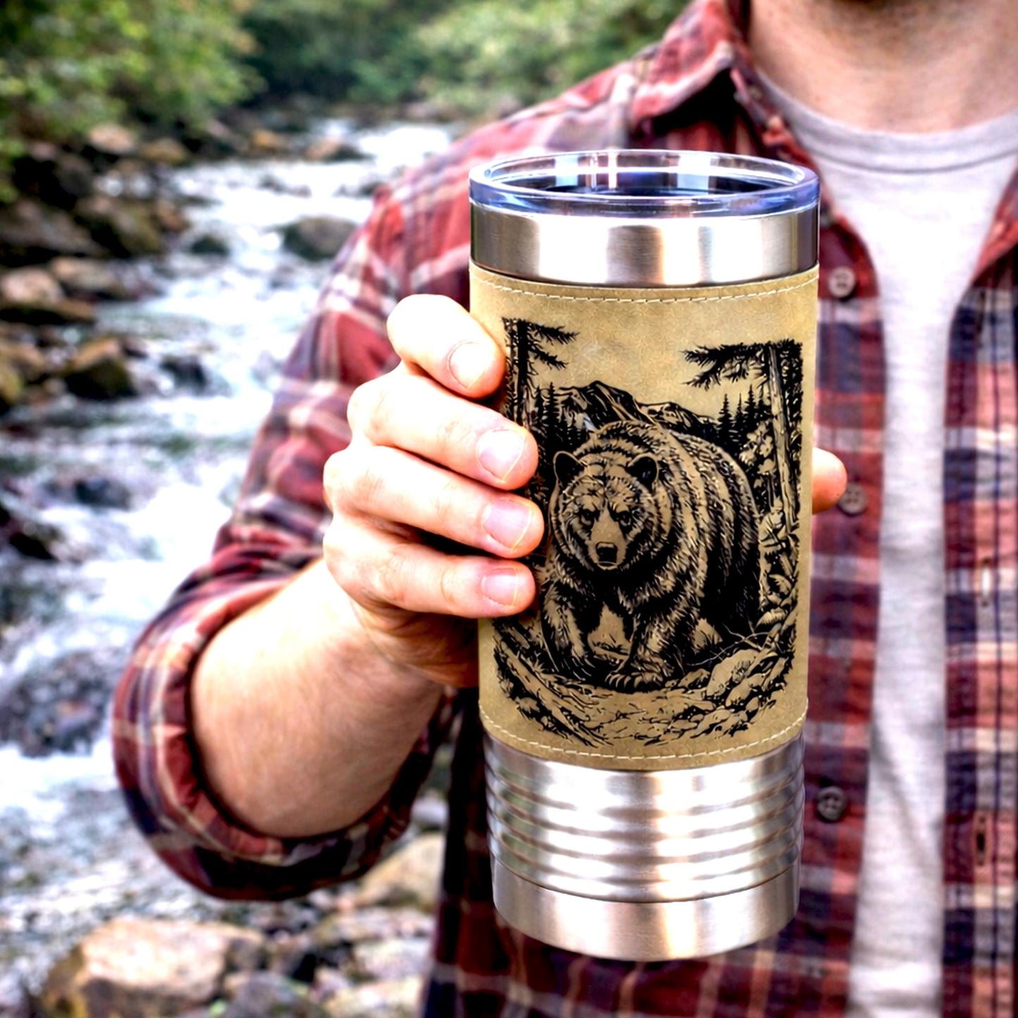 20 ounce Black Bear in Forest Engraved Travel Tumbler – Leatherette Wrapped, Personalized Hunters Gift, Insulated Coffee Cup