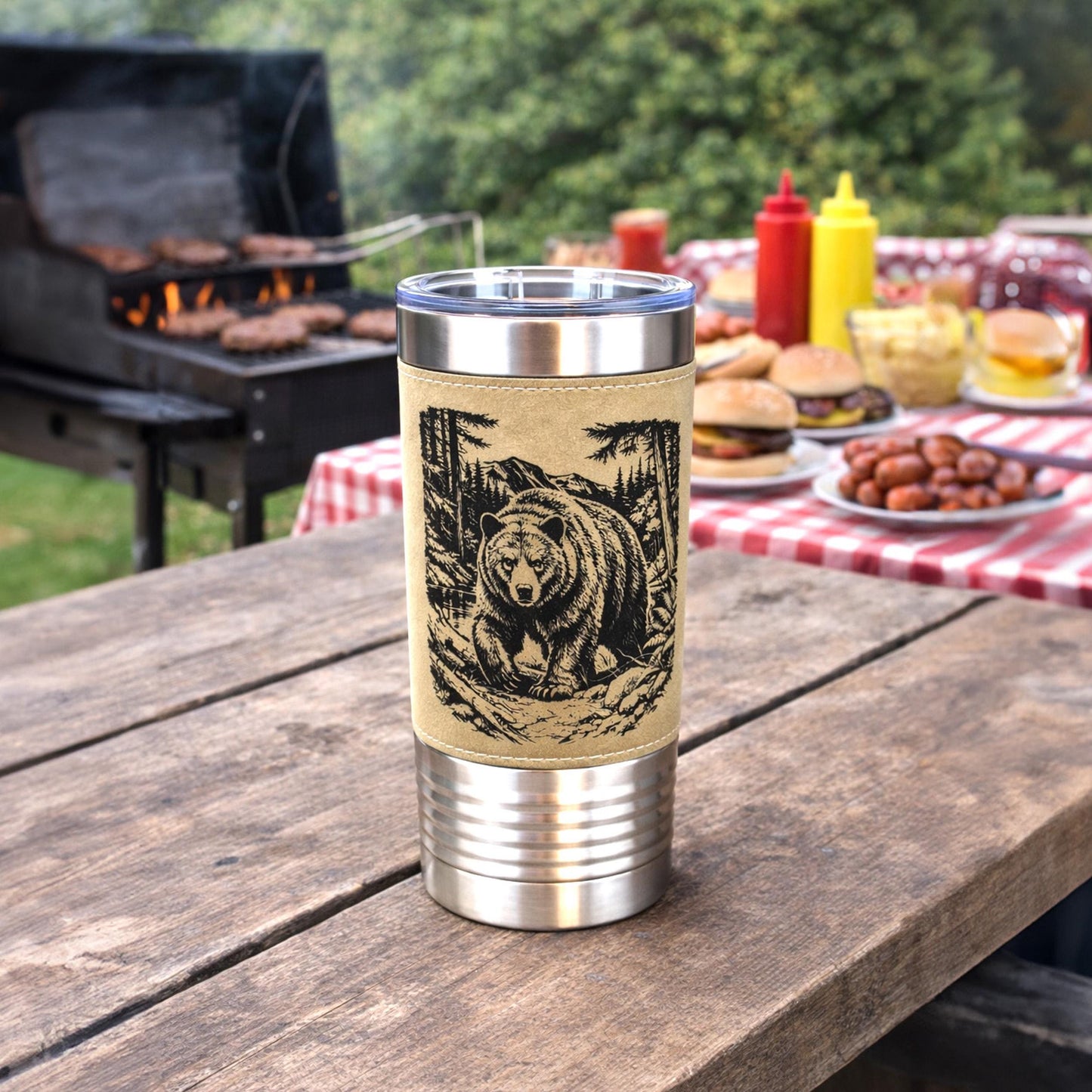 20 ounce Black Bear in Forest Engraved Travel Tumbler – Leatherette Wrapped, Personalized Hunters Gift, Insulated Coffee Cup