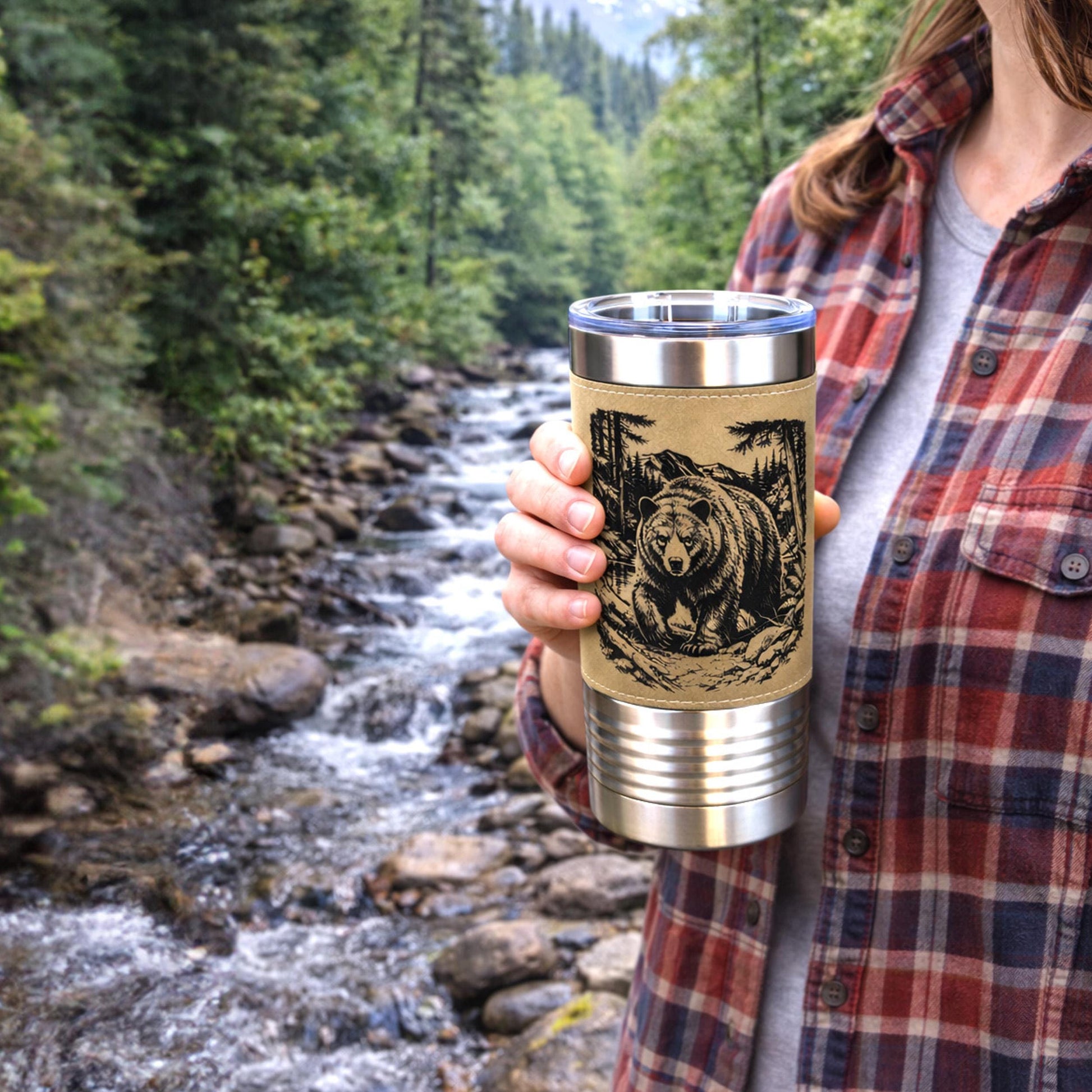 20 ounce Black Bear in Forest Engraved Travel Tumbler – Leatherette Wrapped, Personalized Hunters Gift, Insulated Coffee Cup