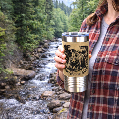 20 ounce Black Bear in Forest Engraved Travel Tumbler – Leatherette Wrapped, Personalized Hunters Gift, Insulated Coffee Cup